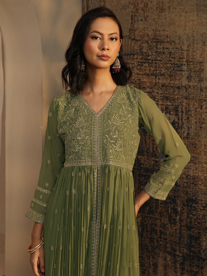 Libas Art Green Embroidered Chinon A-Line Suit Set With Dupatta