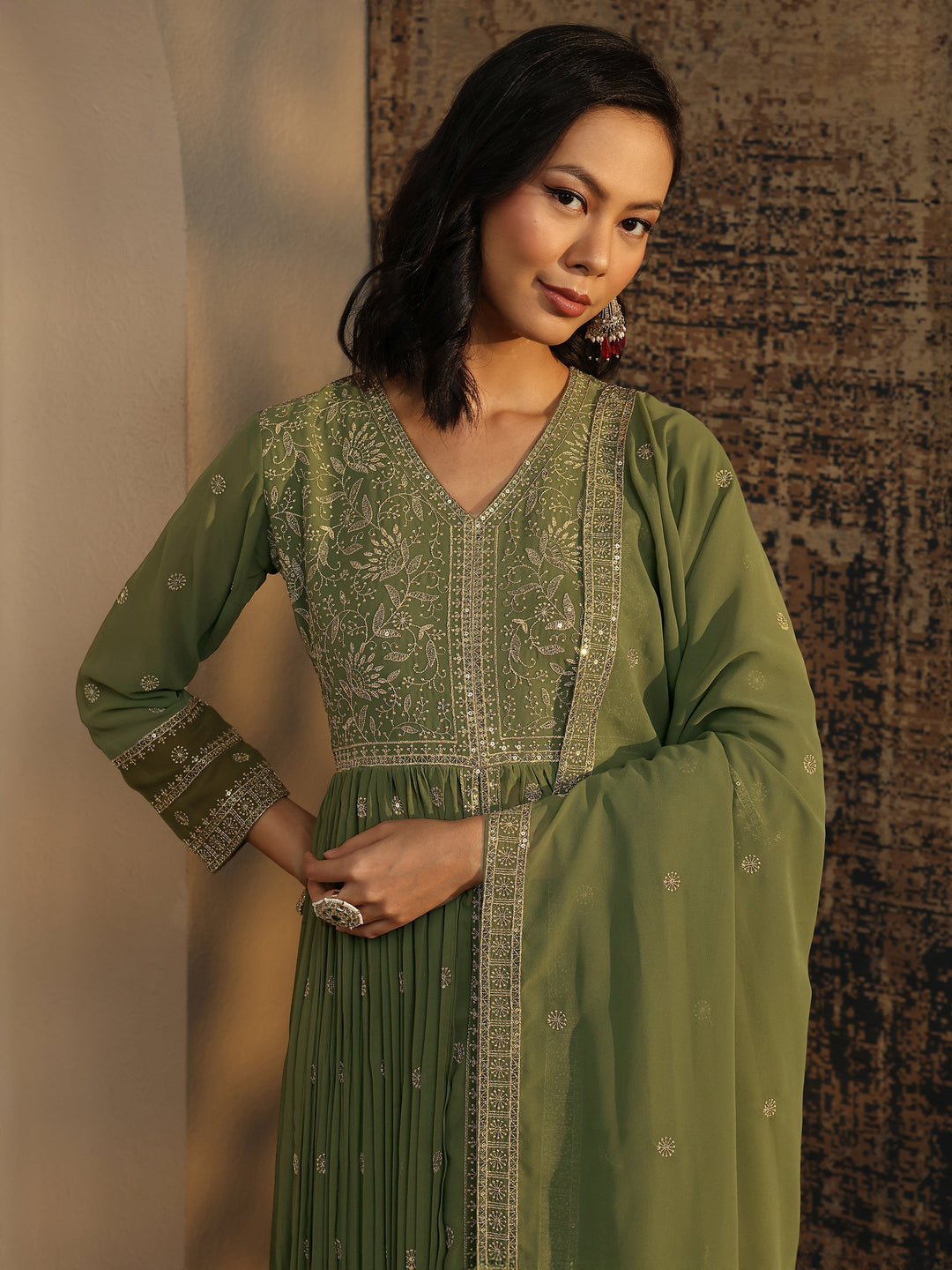 Libas Art Green Embroidered Chinon A-Line Suit Set With Dupatta