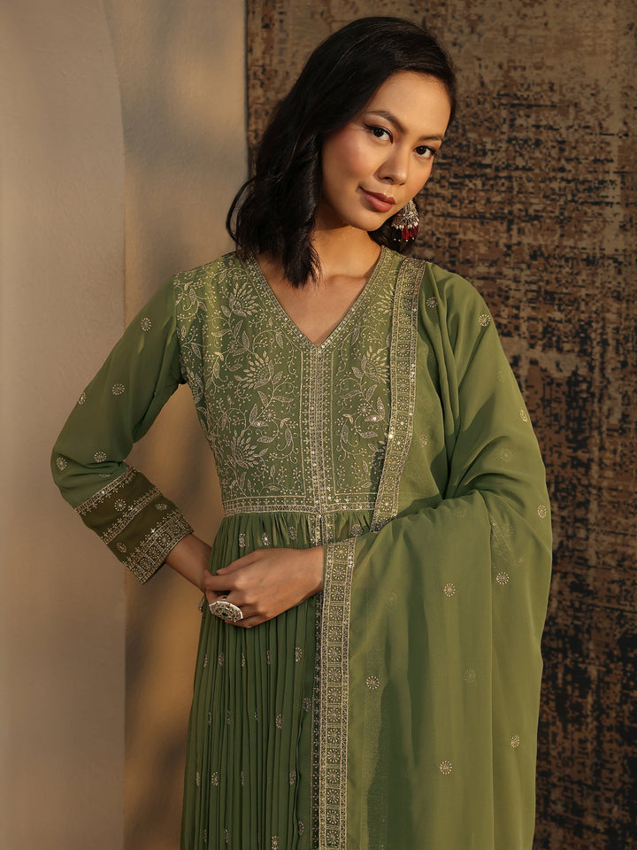 Libas Art Green Embroidered Chinon A-Line Suit Set With Dupatta