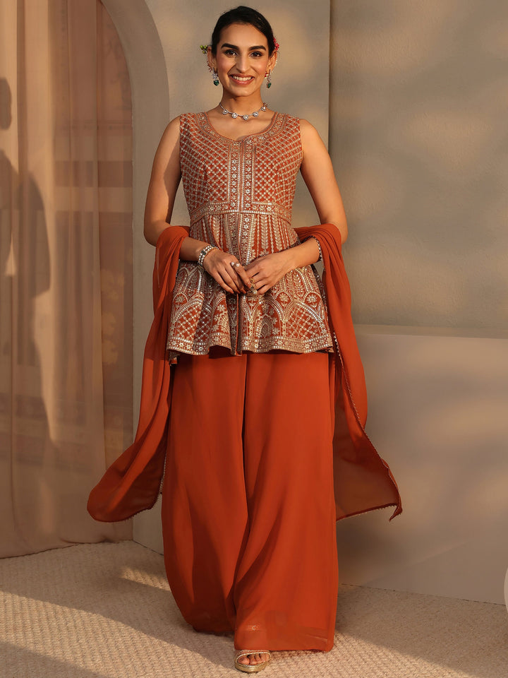 Orange Embroidered Georgette Peplum Suit Set With Dupatta