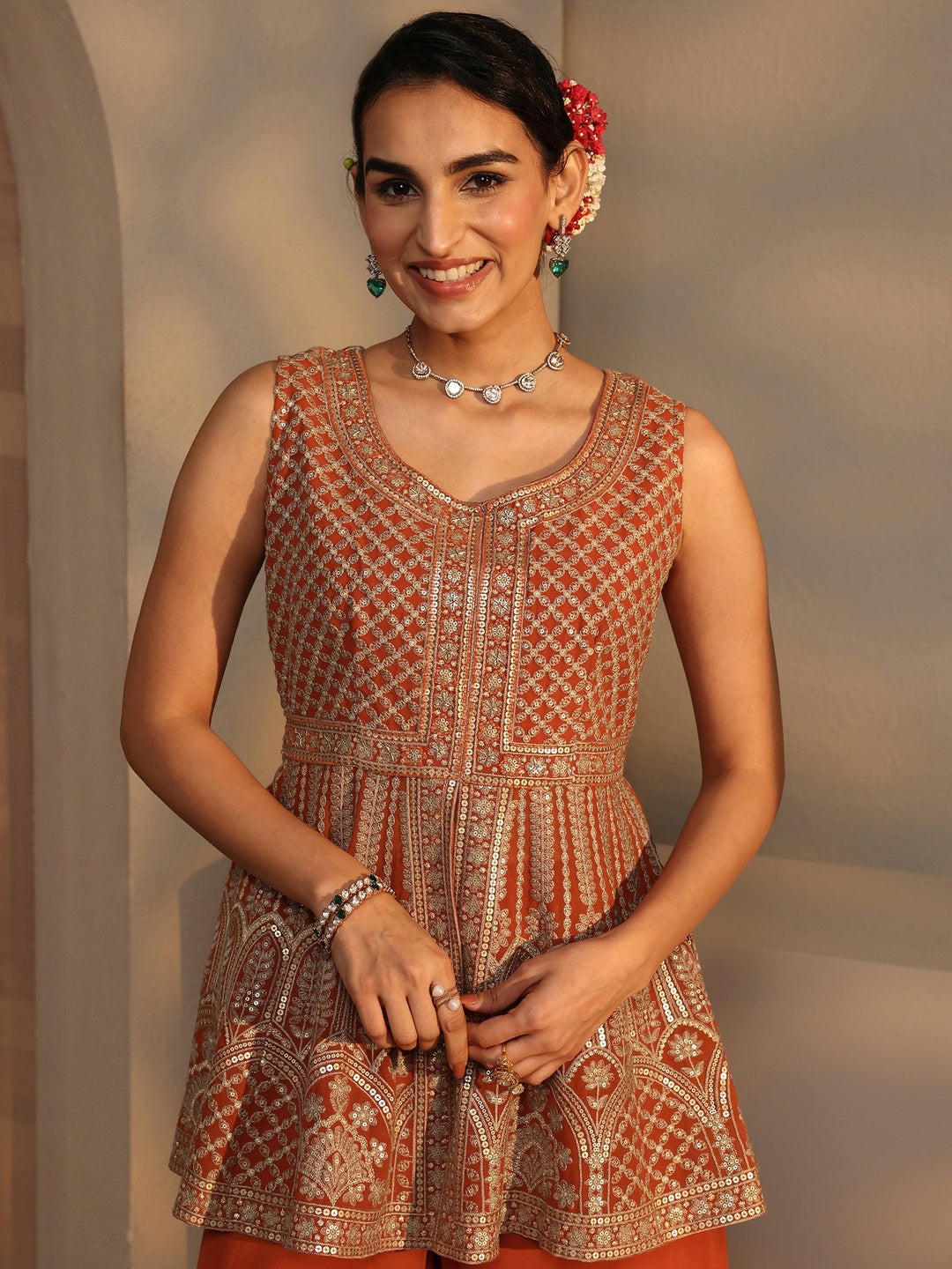 Orange Embroidered Georgette Peplum Suit Set With Dupatta