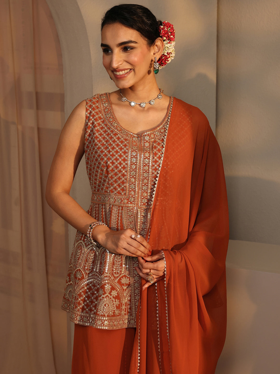 Orange Embroidered Georgette Peplum Suit Set With Dupatta