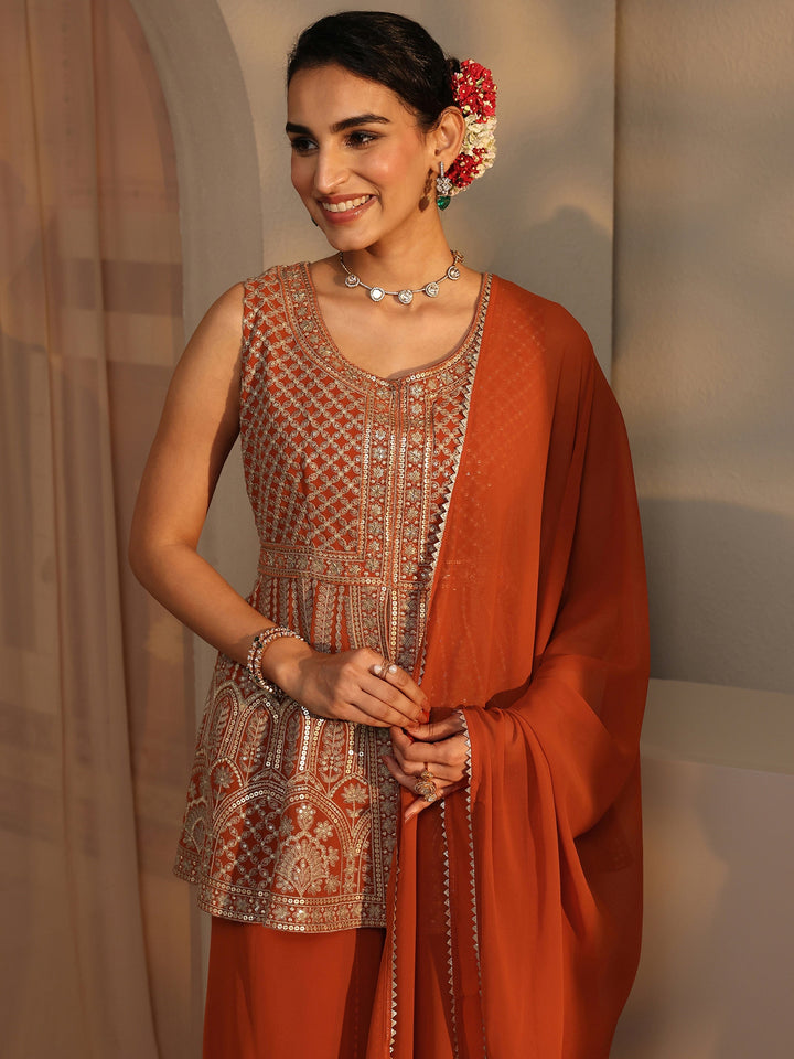 Orange Embroidered Georgette Peplum Suit Set With Dupatta