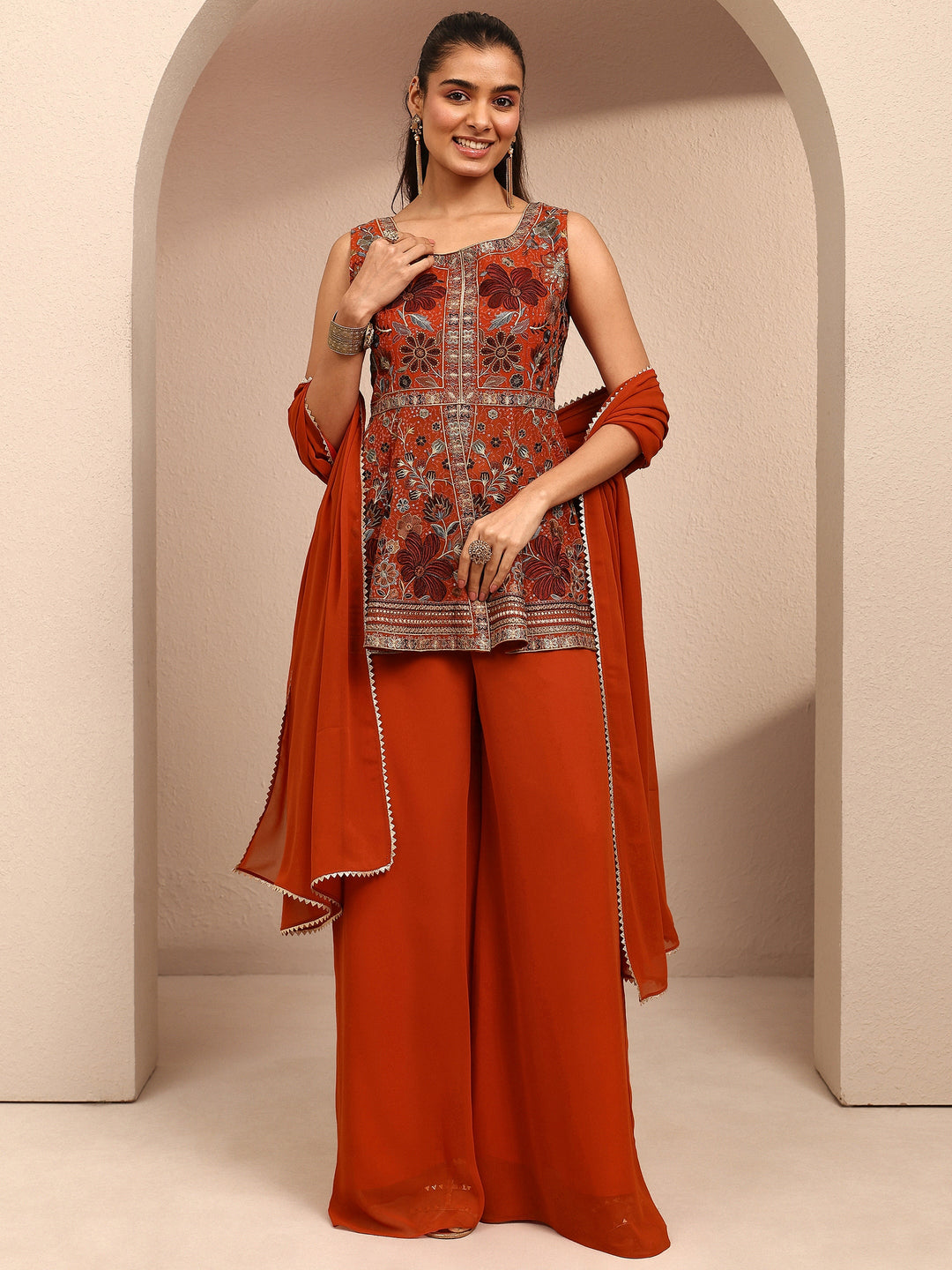 Orange Embroidered Georgette A-Line Suit Set With Dupatta