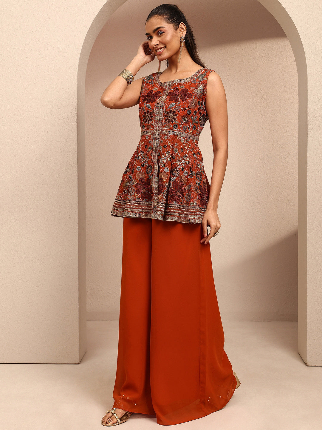 Orange Embroidered Georgette A-Line Suit Set With Dupatta