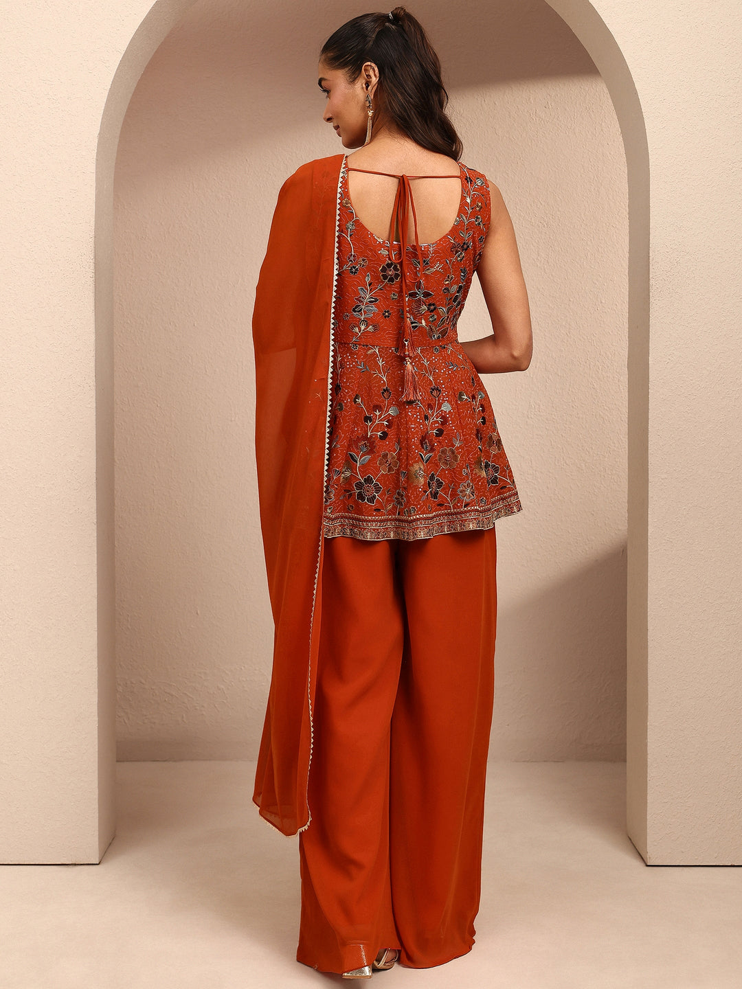 Orange Embroidered Georgette A-Line Suit Set With Dupatta