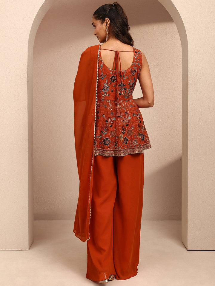 Orange Embroidered Georgette A-Line Suit Set With Dupatta