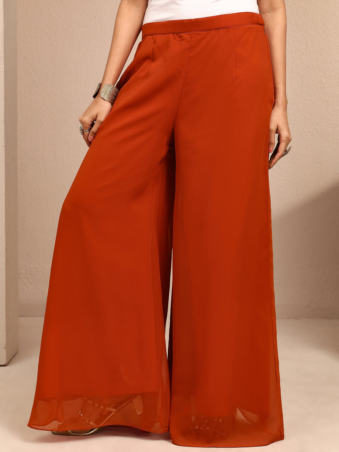 Orange Embroidered Georgette A-Line Suit Set With Dupatta