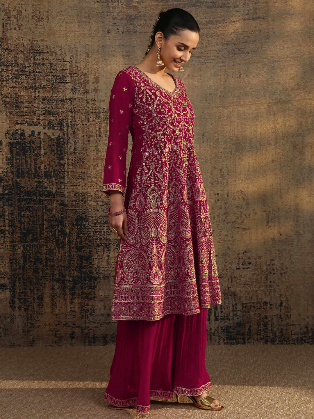 Libas Art Pink Embroidered Georgette Anarkali Suit Set With Dupatta