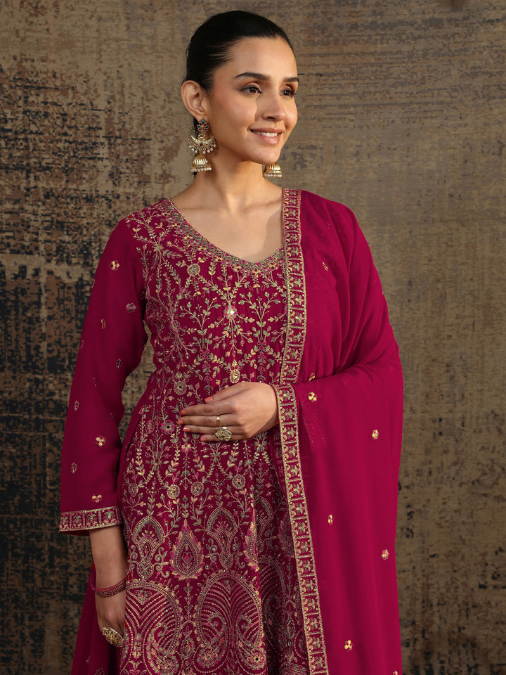 Libas Art Pink Embroidered Georgette Anarkali Suit Set With Dupatta