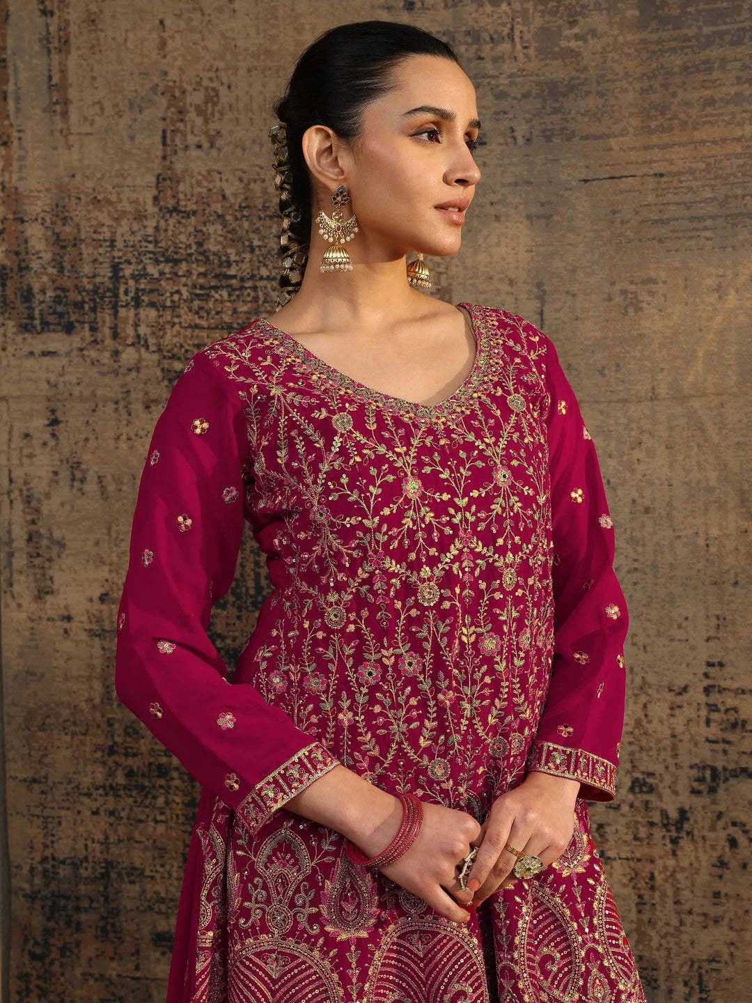 Libas Art Pink Embroidered Georgette Anarkali Suit Set With Dupatta