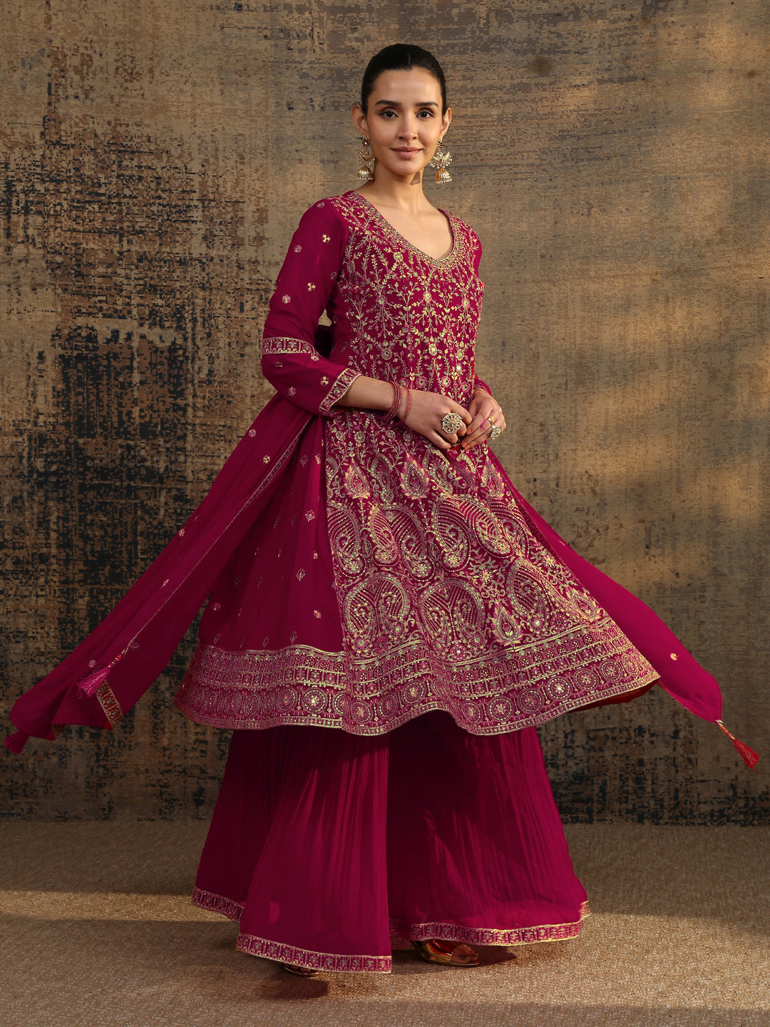 Libas Art Pink Embroidered Georgette Anarkali Suit Set With Dupatta