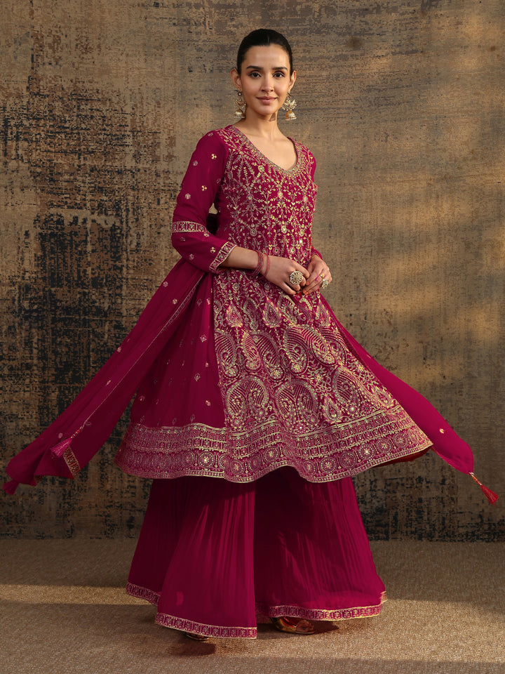 Libas Art Pink Embroidered Georgette Anarkali Suit Set With Dupatta