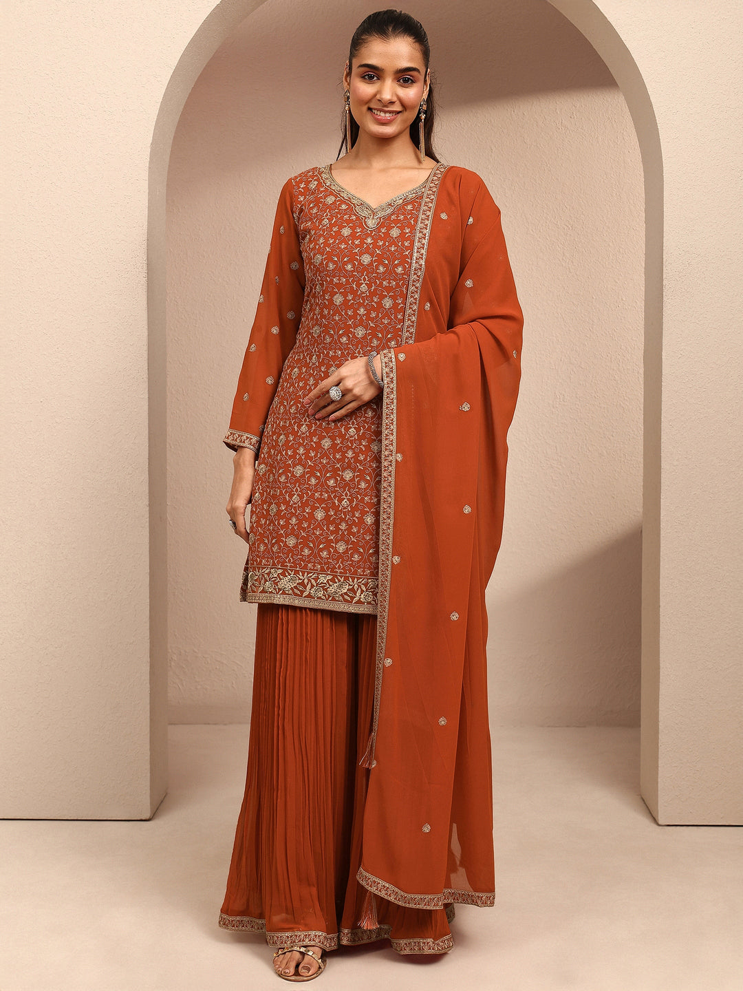 Libas Art Orange Embroidered Georgette Straight Suit Set With Dupatta