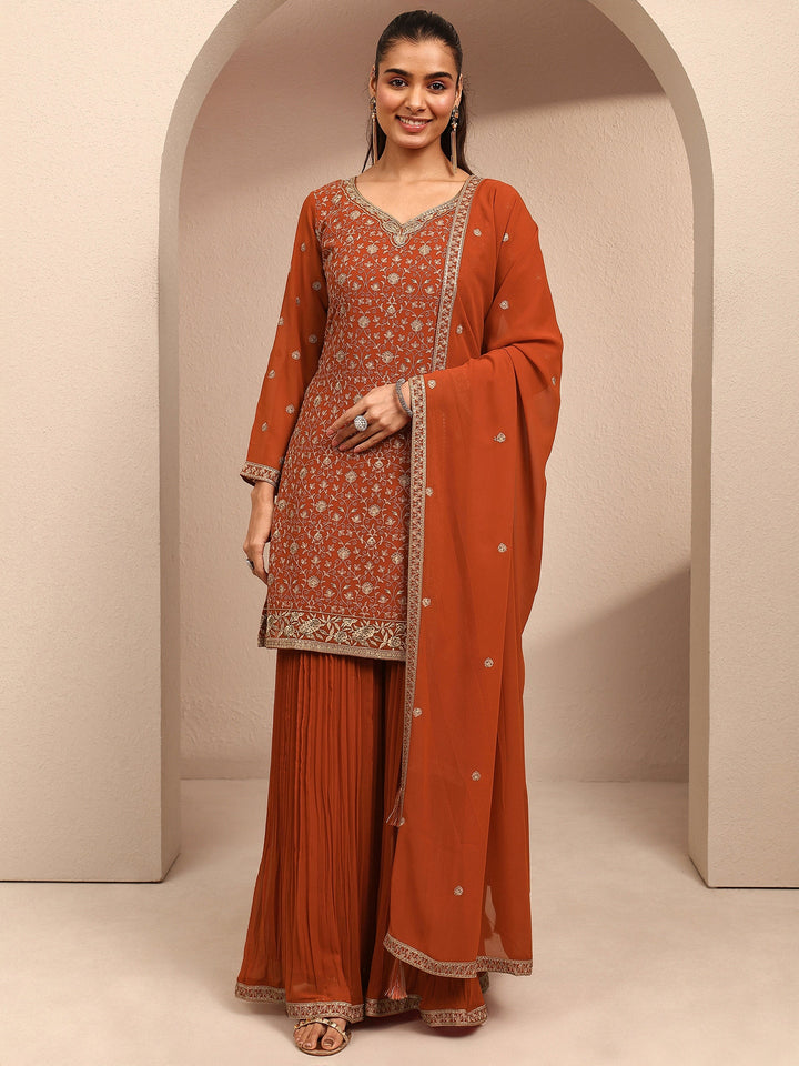 Libas Art Orange Embroidered Georgette Straight Suit Set With Dupatta
