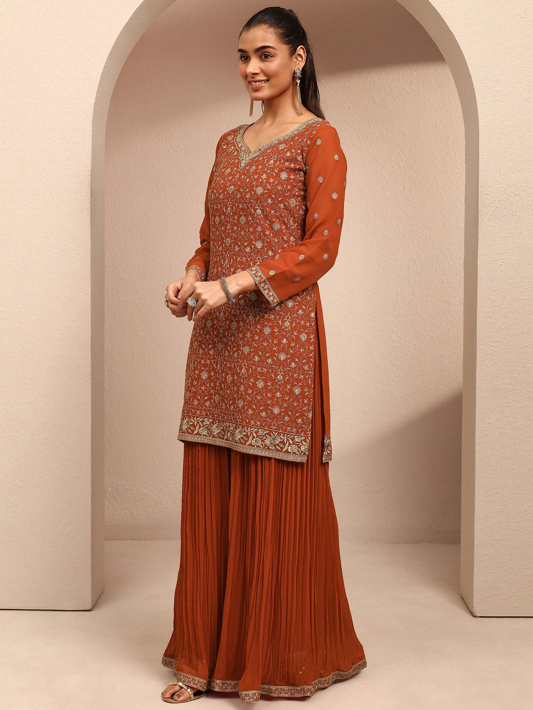 Libas Art Orange Embroidered Georgette Straight Suit Set With Dupatta