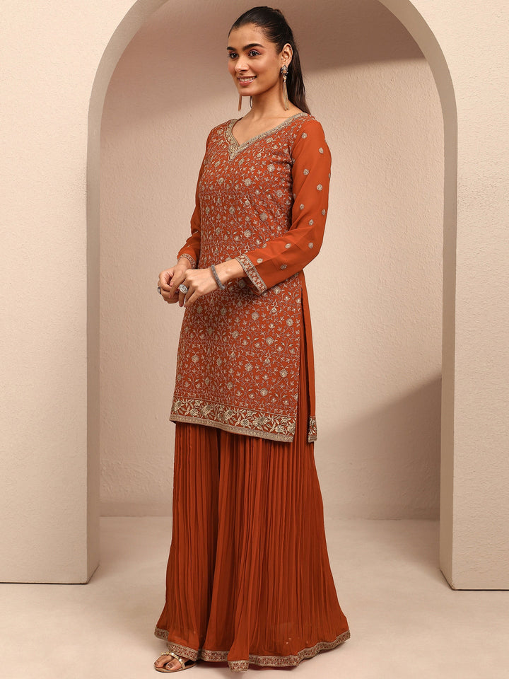 Libas Art Orange Embroidered Georgette Straight Suit Set With Dupatta