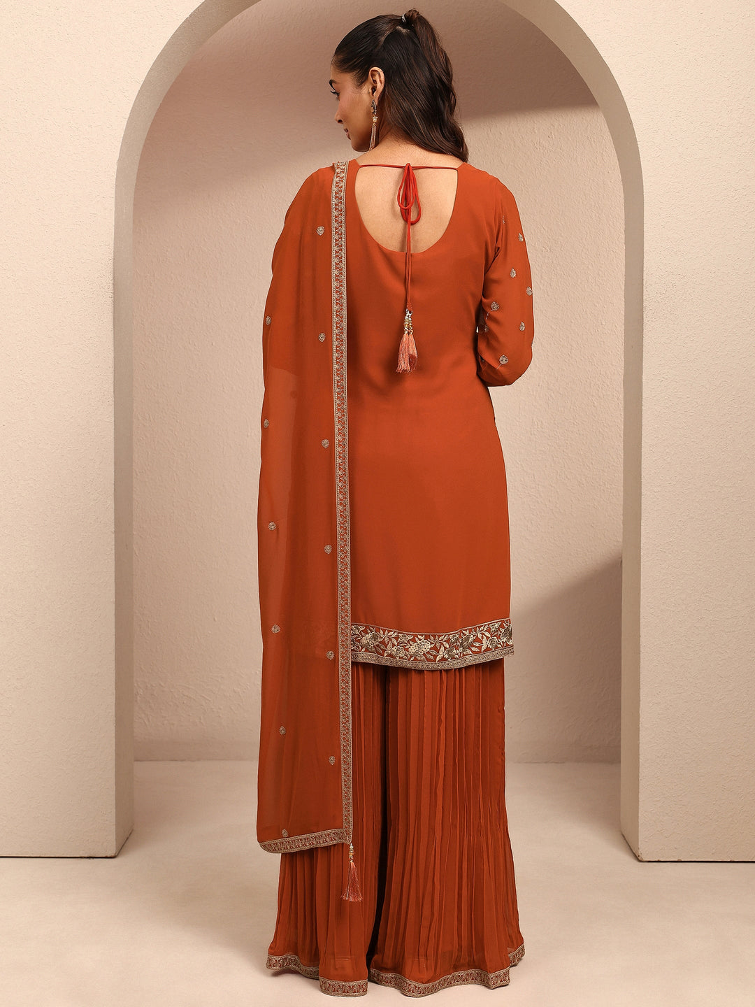 Libas Art Orange Embroidered Georgette Straight Suit Set With Dupatta