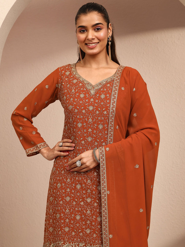 Libas Art Orange Embroidered Georgette Straight Suit Set With Dupatta