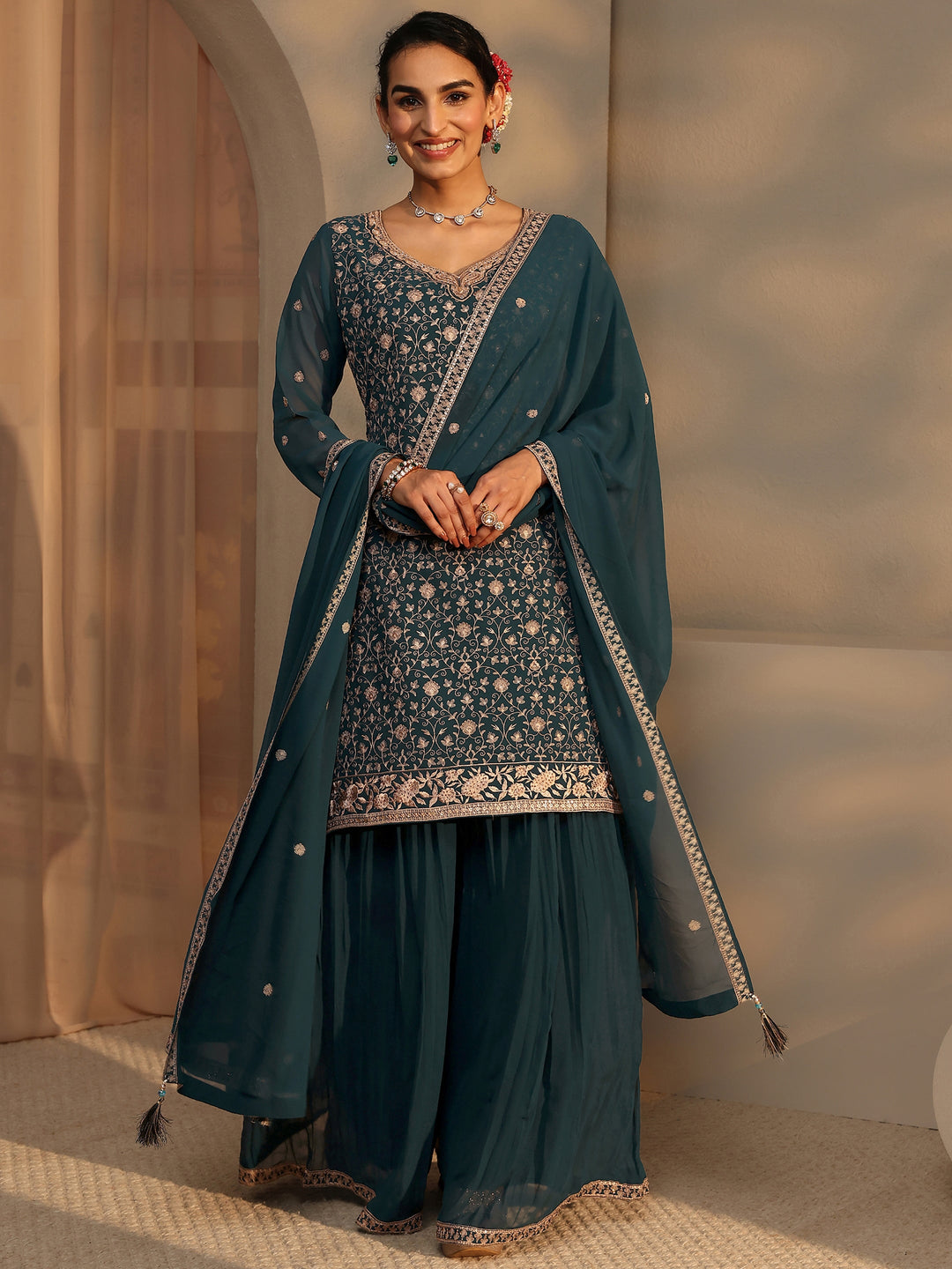 Libas Art Teal Embroidered Georgette Straight Suit Set With Dupatta
