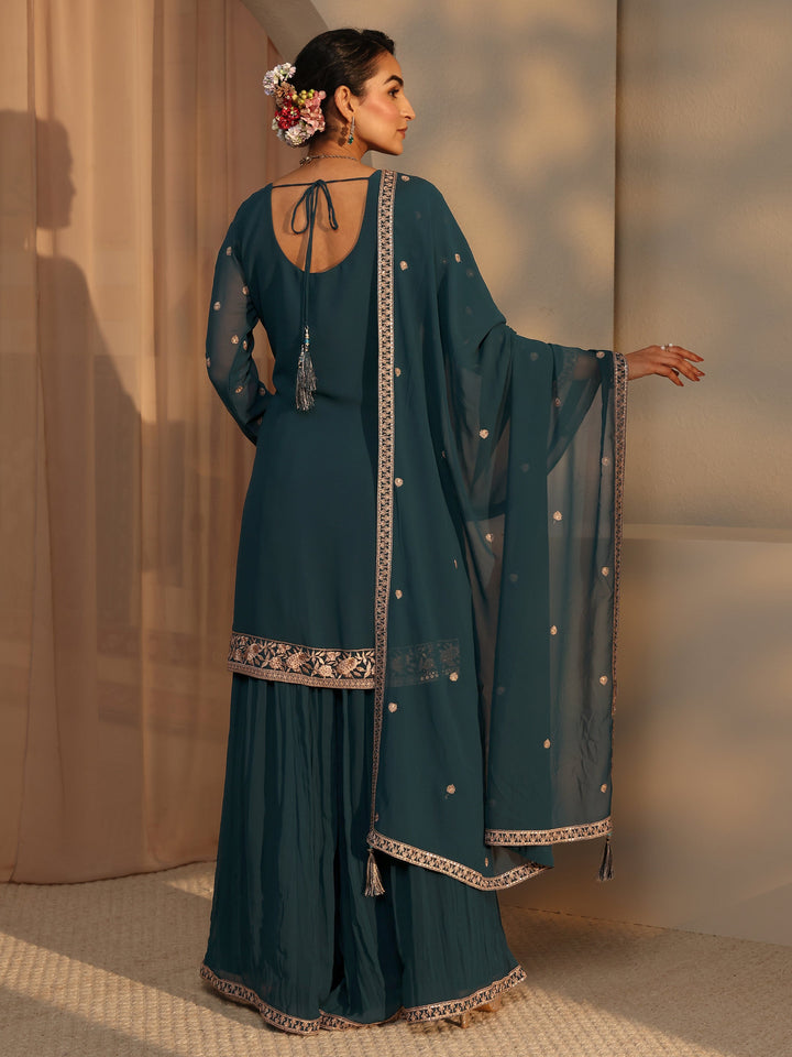 Libas Art Teal Embroidered Georgette Straight Suit Set With Dupatta