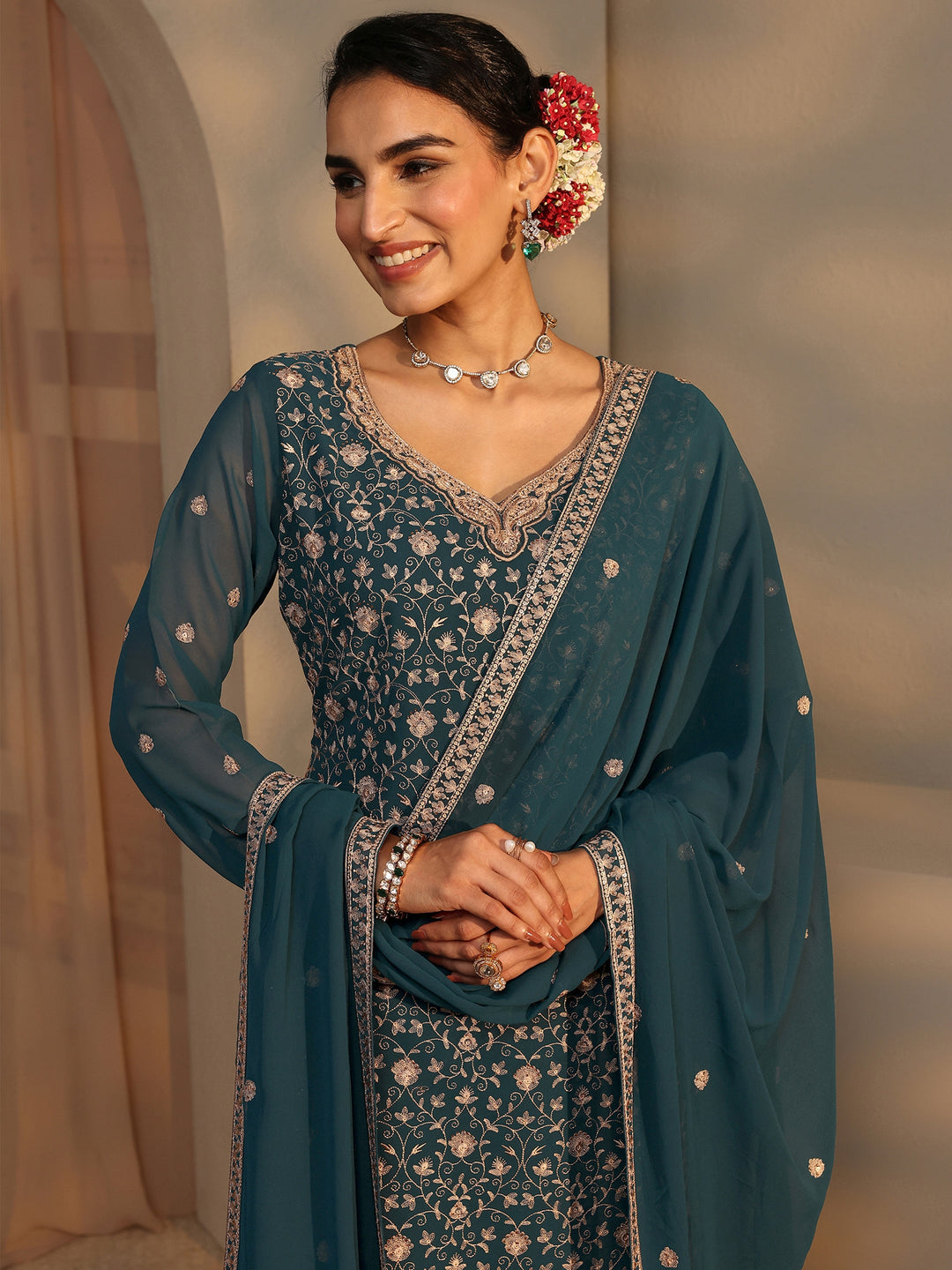 Libas Art Teal Embroidered Georgette Straight Suit Set With Dupatta