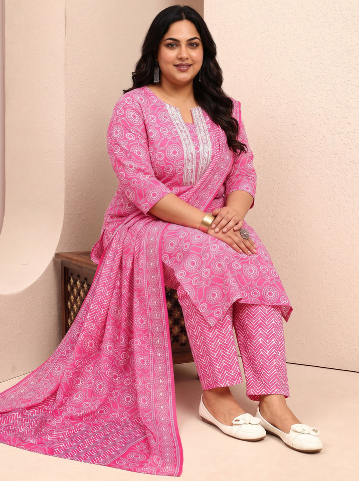 Plus Size Pink Printed Cotton Blend Straight Suit Set With Dupatta