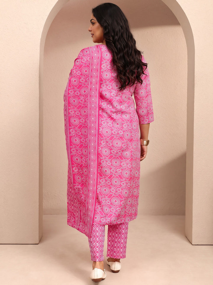 Plus Size Pink Printed Cotton Blend Straight Suit Set With Dupatta