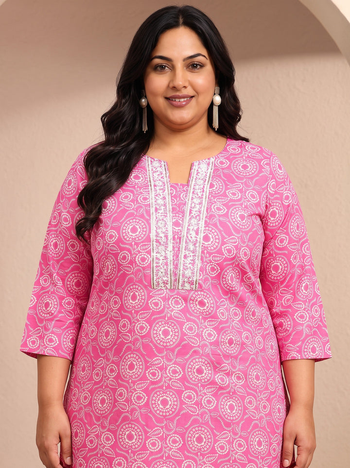 Plus Size Pink Printed Cotton Blend Straight Suit Set With Dupatta