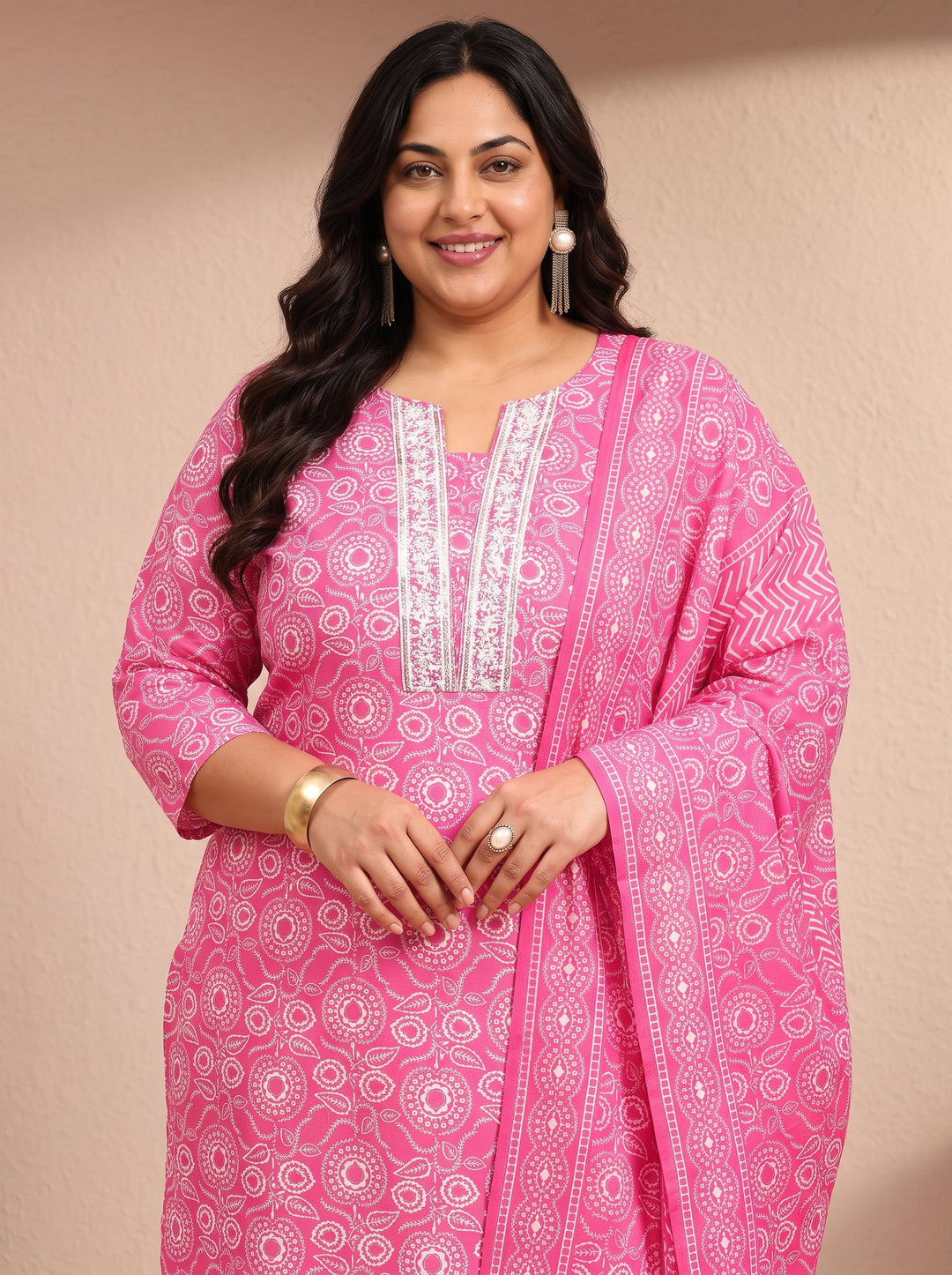 Plus Size Pink Printed Cotton Blend Straight Suit Set With Dupatta
