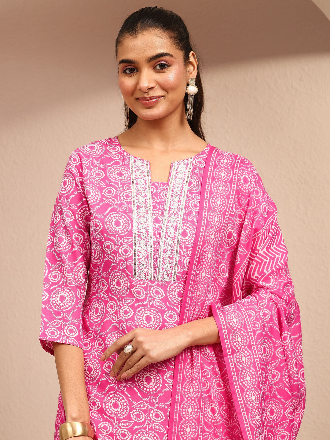 Pink Printed Cotton Blend Straight Suit Set With Dupatta