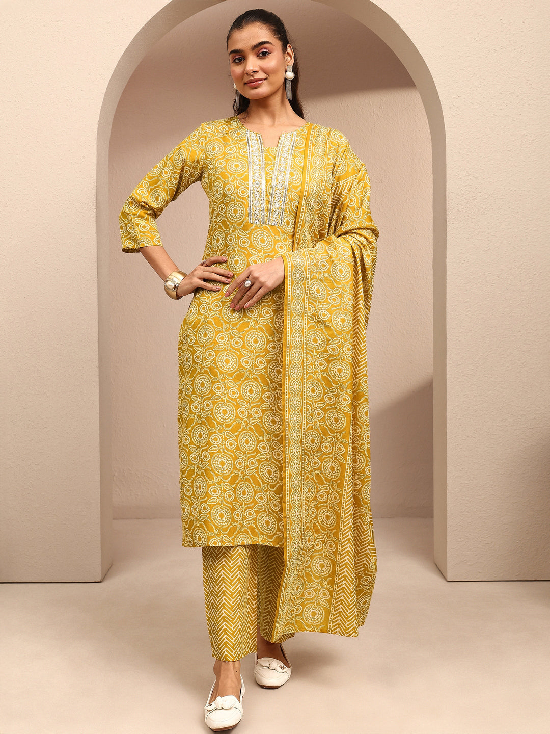 Mustard Printed Cotton Blend Straight Suit Set With Dupatta
