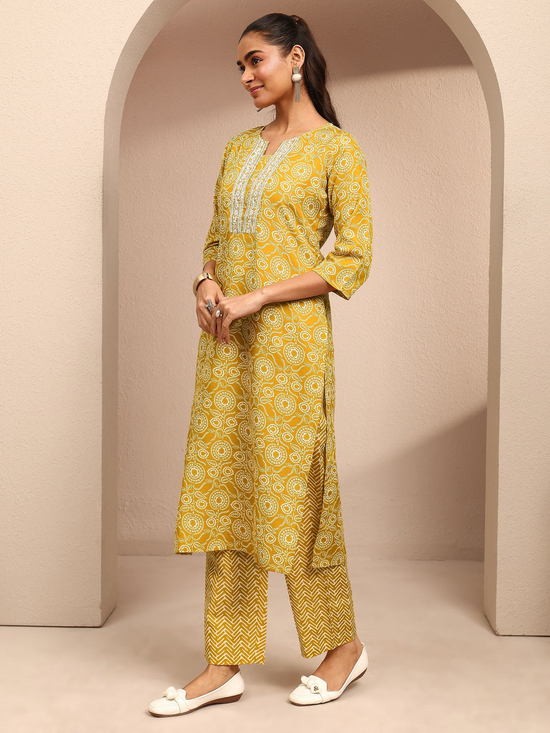 Mustard Printed Cotton Blend Straight Suit Set With Dupatta
