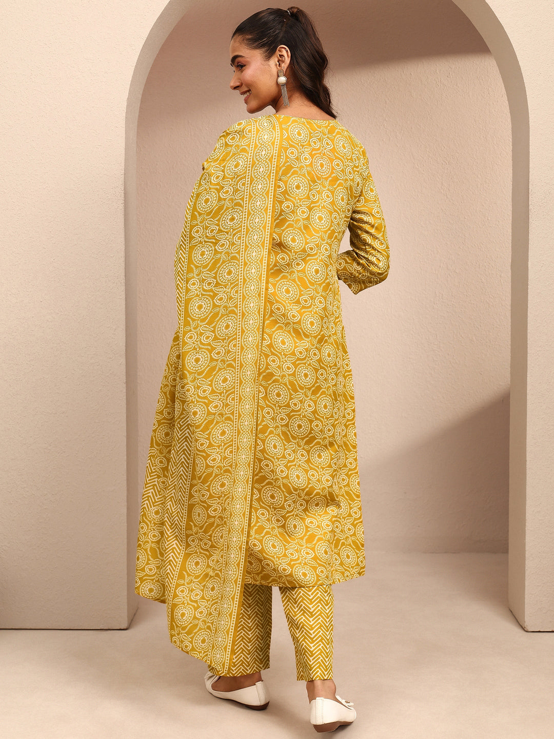Mustard Printed Cotton Blend Straight Suit Set With Dupatta