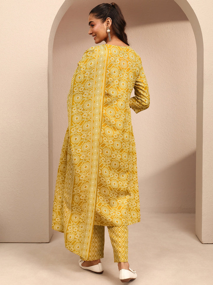 Mustard Printed Cotton Blend Straight Suit Set With Dupatta