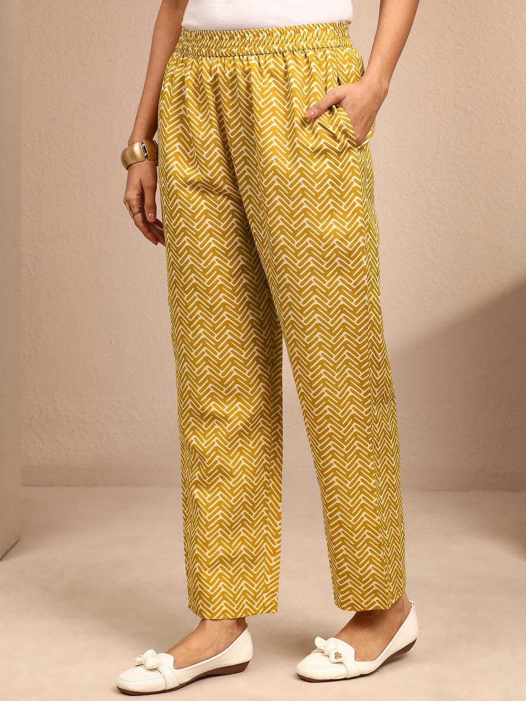 Mustard Printed Cotton Blend Straight Suit Set With Dupatta