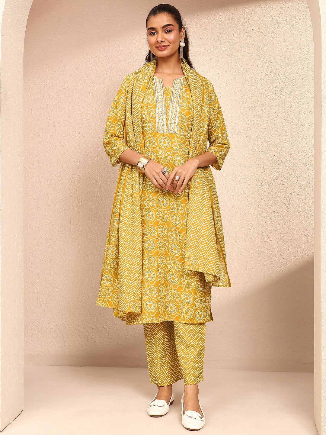 Mustard Printed Cotton Blend Straight Suit Set With Dupatta
