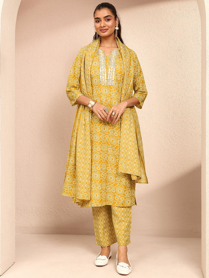 Mustard Printed Cotton Blend Straight Suit Set With Dupatta