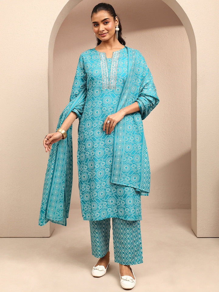 Blue Printed Cotton Blend Straight Suit Set With Dupatta