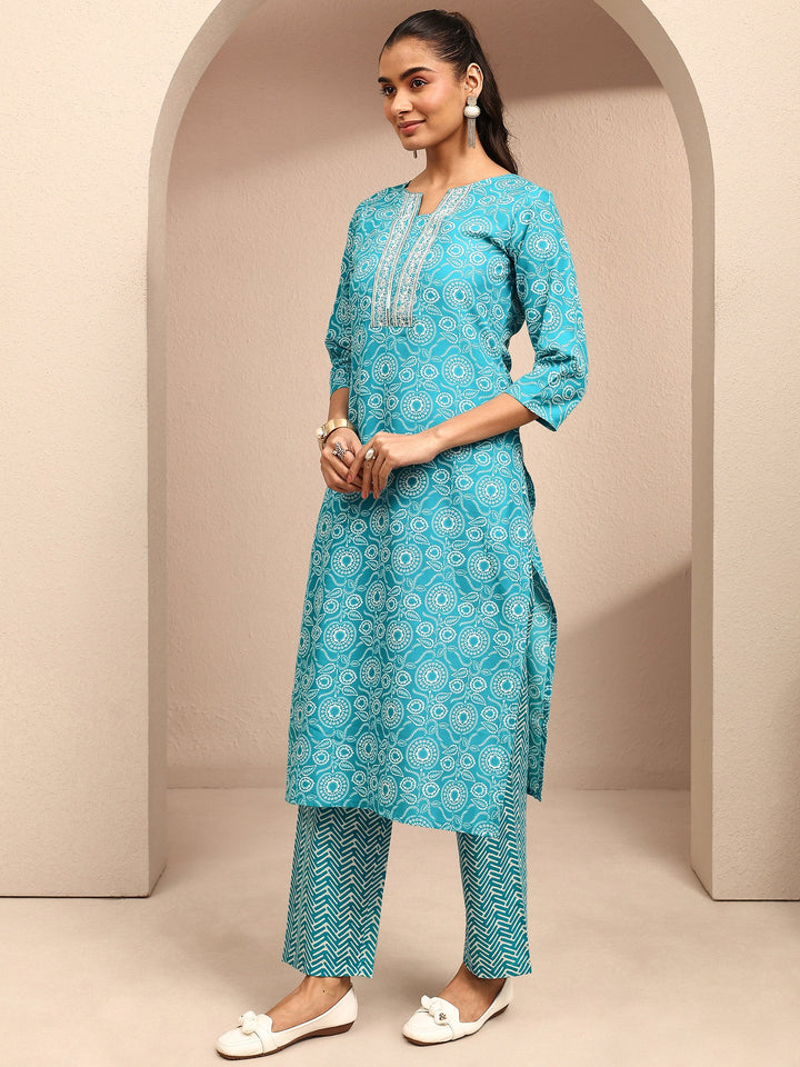 Blue Printed Cotton Blend Straight Suit Set With Dupatta