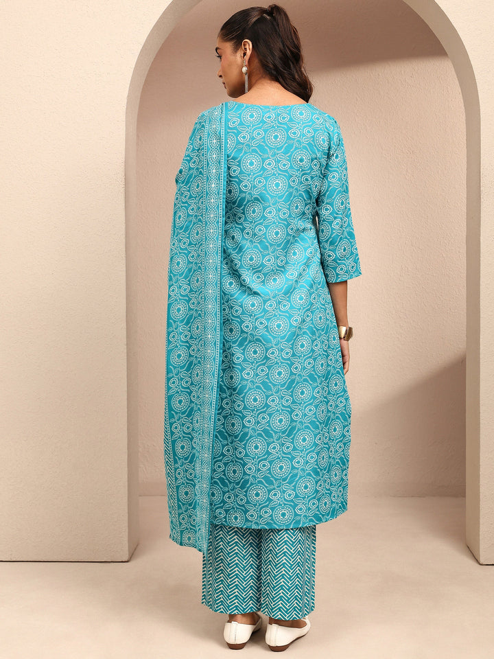 Blue Printed Cotton Blend Straight Suit Set With Dupatta