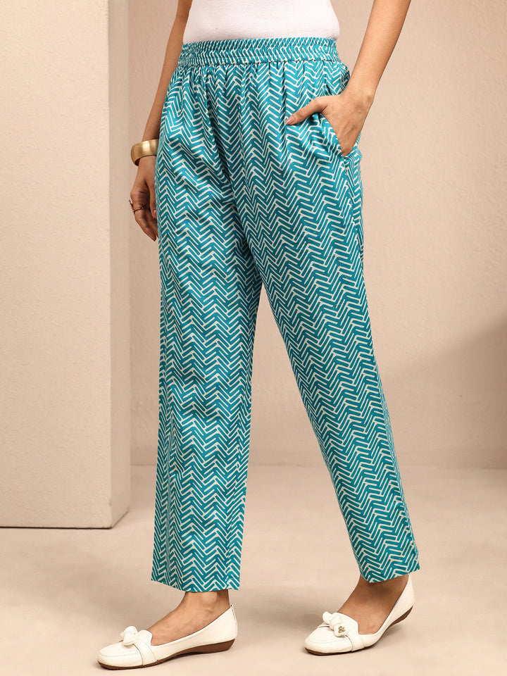 Blue Printed Cotton Blend Straight Suit Set With Dupatta