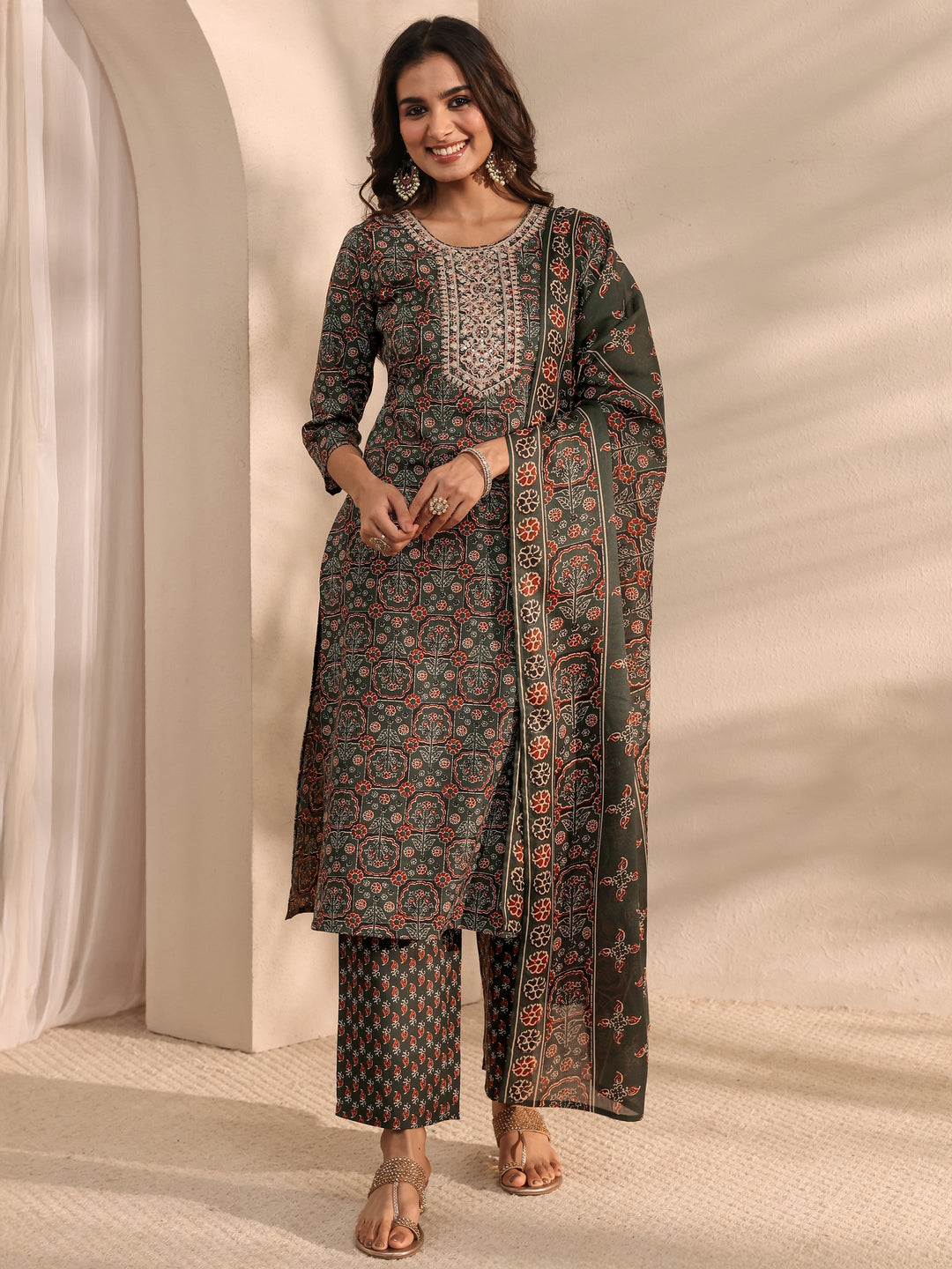 Green Ajrak Printed Cotton Blend Straight Suit Set With Dupatta