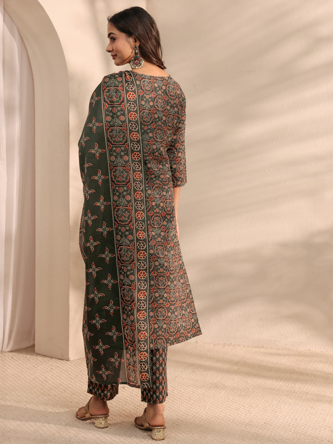 Green Ajrak Printed Cotton Blend Straight Suit Set With Dupatta