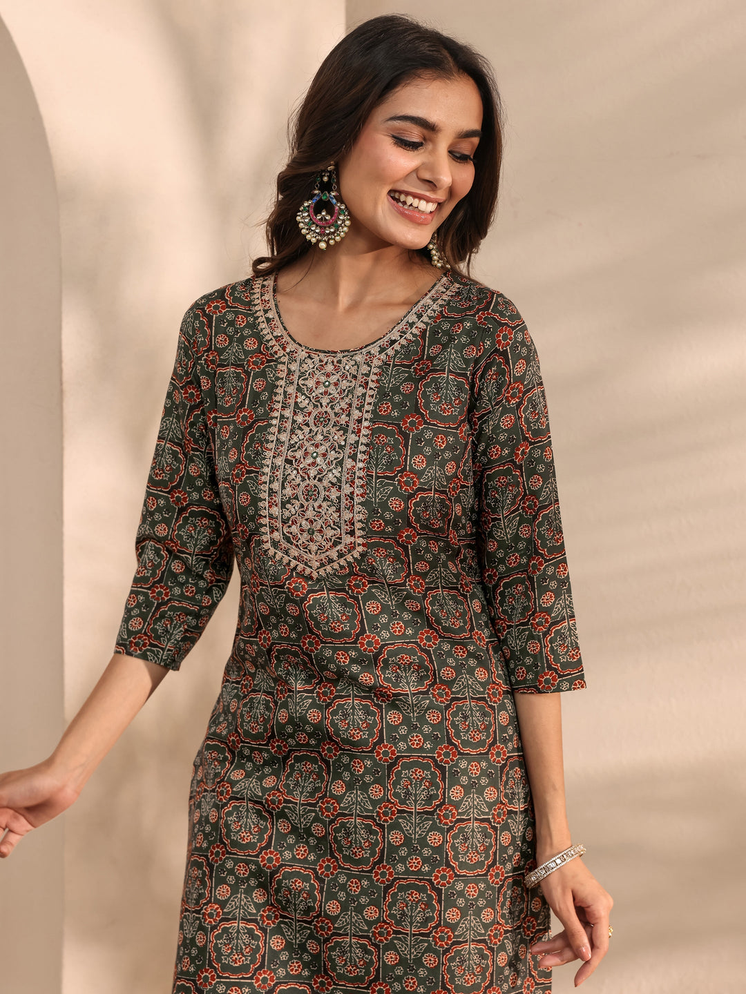 Green Ajrak Printed Cotton Blend Straight Suit Set With Dupatta