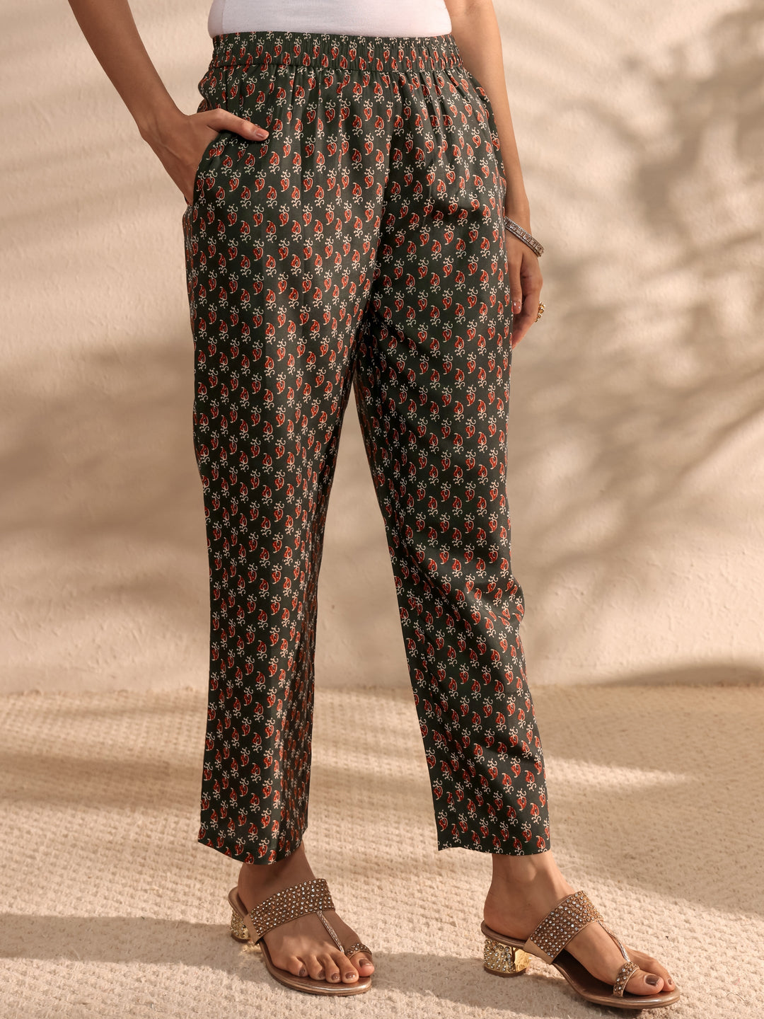 Green Ajrak Printed Cotton Blend Straight Suit Set With Dupatta