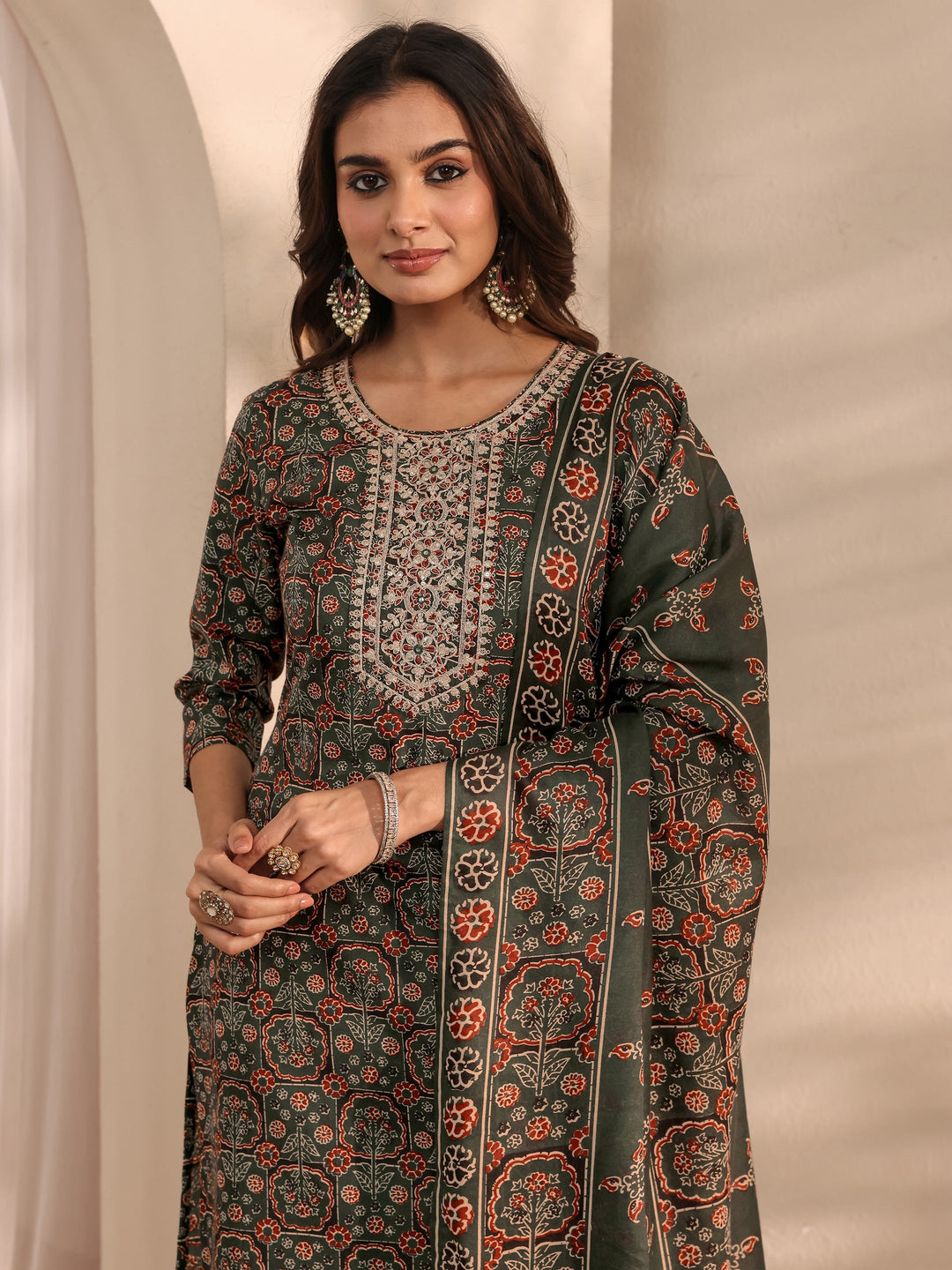 Green Ajrak Printed Cotton Blend Straight Suit Set With Dupatta
