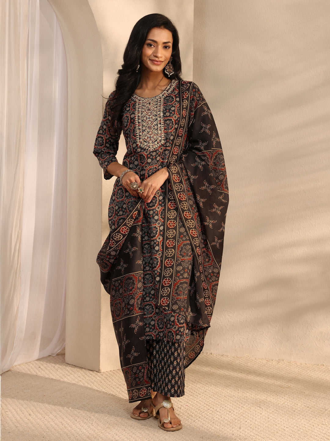 Black Ajrak Printed Cotton Blend Straight Suit Set With Dupatta