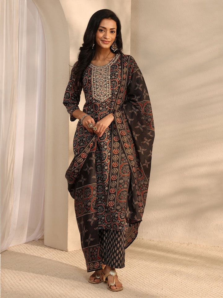 Black Ajrak Printed Cotton Blend Straight Suit Set With Dupatta