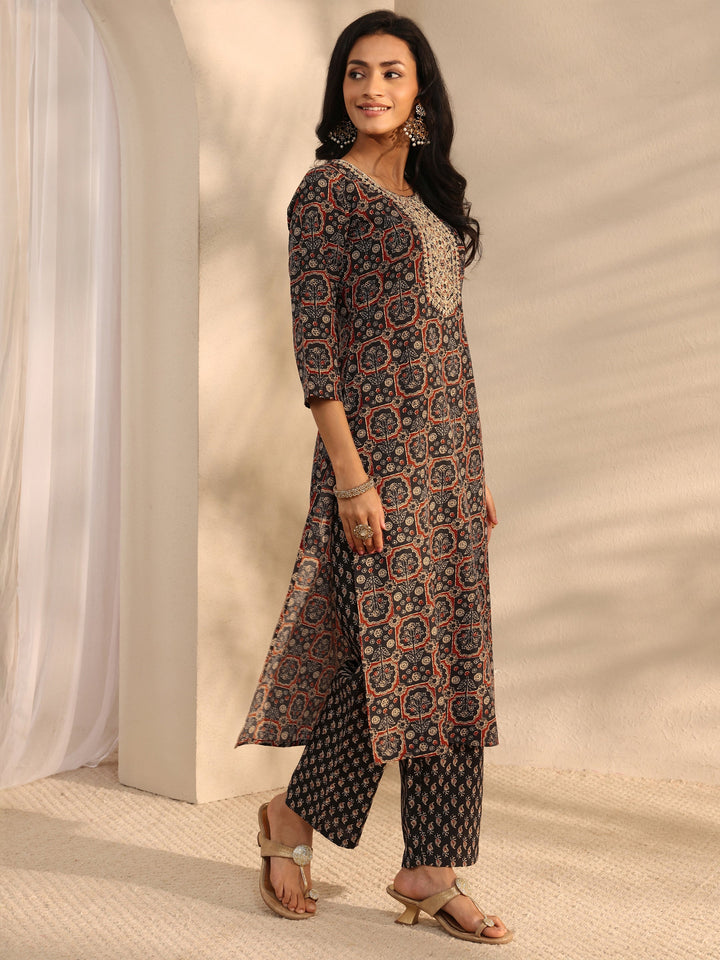 Black Ajrak Printed Cotton Blend Straight Suit Set With Dupatta